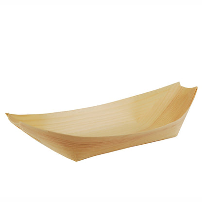 The 50 finger food trays "pure" boats from PAPSTAR GmbH are small, eco-friendly, and lightweight wooden trays in the shape of boats – ideal for serving snacks or street food.