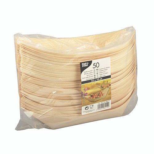 A transparent plastic packaging from PAPSTAR GmbH contains 50 finger food trays (boats) made of wood, each rectangular and disposable. The label on the front shows product details and an image of finger food on a plate.