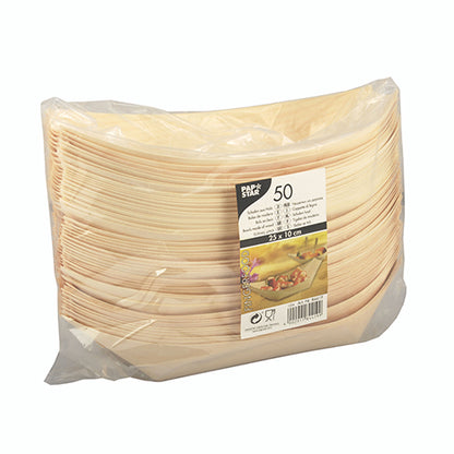 A transparent plastic packaging from PAPSTAR GmbH contains 50 finger food trays (boats) made of wood, each rectangular and disposable. The label on the front shows product details and an image of finger food on a plate.