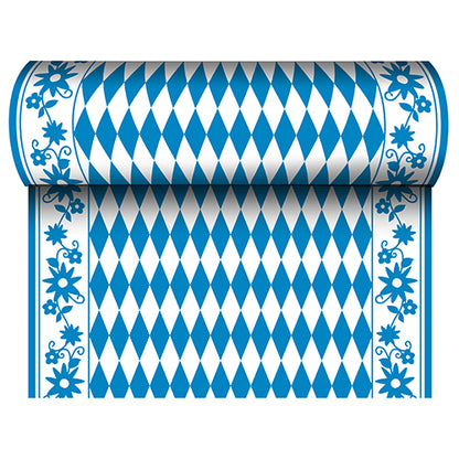 The PAPSTAR table runner, fabric-like Airlaid (24 m x 40 cm) from PAPSTAR GmbH, features a blue and white diamond pattern in the center and a blue floral pattern on the edge - ideal as a festive table runner for special occasions.