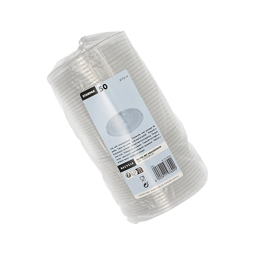 A sealed plastic package with 50 Starpak 50 lids "Hurricane" PET disposable lids in round crystal-clear with white info label, usage instructions, recycling symbols, and barcode – ideal for on the go.