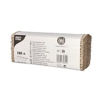 Abgebildet ist eine Packung mit 180 PAPSTAR Handtuchpapier C-Falz, 31x25 cm, natur, 1-lagig in einer Markenbanderole der PAPSTAR GmbH, hergestellt aus Recyclingmaterial mit Produkt- und Recyclinginformationen auf dem Etikett.
