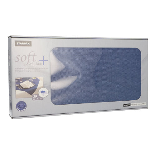 Eine rechteckige Box mit 20 Starpak-Mitteldecken, stoffähnlich, Vlies "soft selection plus" (80x80 cm) mit großem transparentem Fenster, durch das blaue Servietten sichtbar sind. Produktdetails und die Menge (20 Stück) sind auf der Box angegeben.