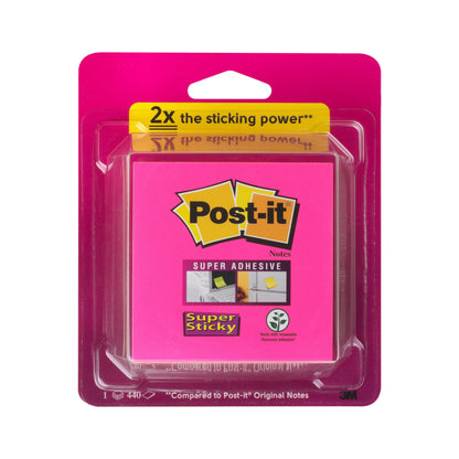 Eine Packung 3M Post-it® Super Sticky Würfel, farbig, 440 Blatt (76 x 76 mm), mit "2x starke Klebekraft", zeigt drei Beispielbilder und ein Recycling-Symbol. Hergestellt von 3M Deutschland GmbH aus 100% PEFC-zertifiziertem Papier.