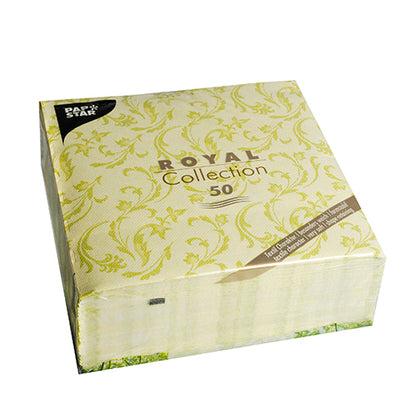 Eine Packung mit 50 grünen PAPSTAR-Servietten "ROYAL Collection" (40 x 40 cm, 1/4-Faltung), ideal für festliche Anlässe. Die Verpackung zeigt das schwarze PAPSTAR-Logo in der oberen linken Ecke. Marke: PAPSTAR GmbH.