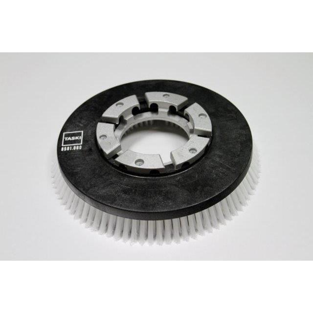 La spazzola abrasiva in nylon (35 cm) di Diversey Deutschland GmbH & Co. OHG è una spazzola abrasiva standard rotonda con setole bianche per swingo 2500, etichettata con "TASKI 8501.080", progettata per pavimenti duri. Un pezzo per confezione, raffigurato su sfondo bianco monocromatico.