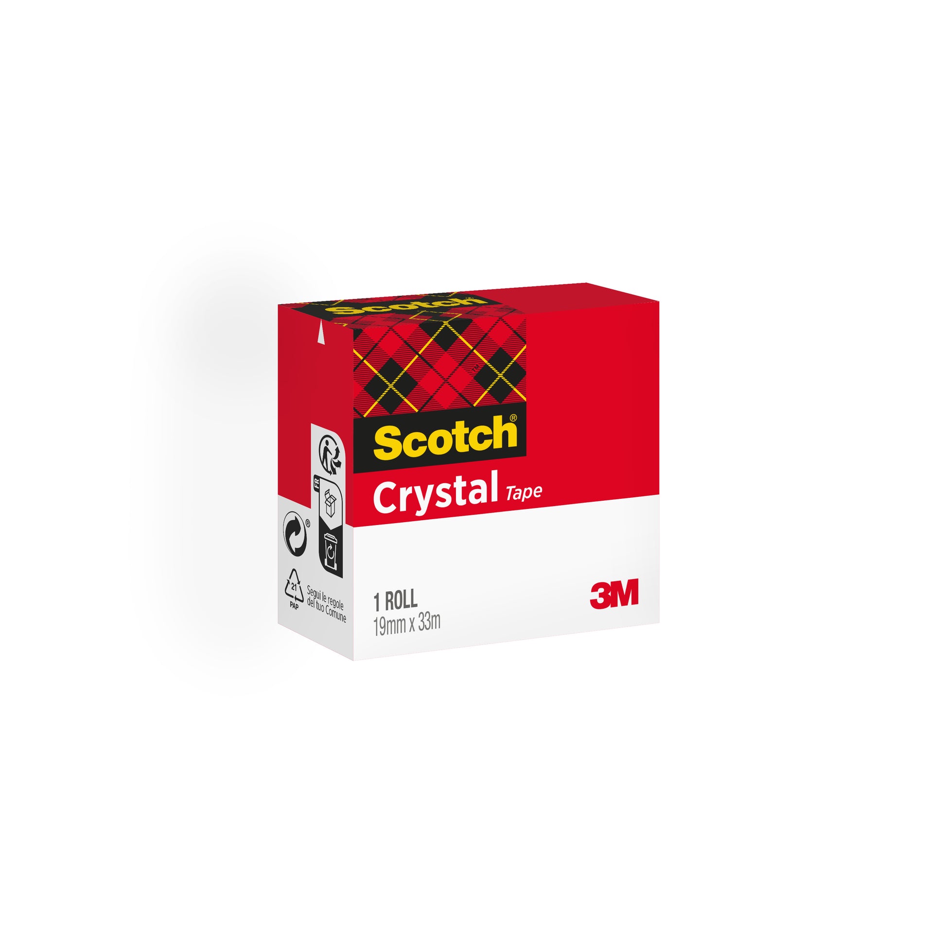 Abgebildet ist eine Packung Scotch® Crystal Klebeband der 3M Deutschland GmbH, die eine transparente Rolle (19 mm x 33 m) in rot-weißer Verpackung mit Schottenmuster und Recycling-Symbolen enthält.