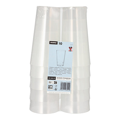 Das Produkt „Starpak 10 Mehrweg-Trinkbecher“ der Marke Starpak zeigt zehn stapelbare, langlebige Becher aus klarem Kunststoff in umweltfreundlicher Verpackung mit blau-weißem Etikett stehend angeordnet.
