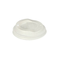 The 50 Dom Lid C-PLA Lid from the PAPSTAR GmbH, white, 2.1 cm tall, biodegradable, features a raised center with small drinking and ventilation holes; pictured against a plain white background.