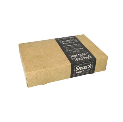 A rectangular, closed brown PAPSTAR 10 transport and catering box "pure" from recyclable materials by PAPSTAR GmbH with a black label and white text stands on a white background.
