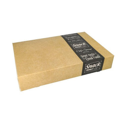 A rectangular, closed, brown PAPSTAR 10 transport and catering box "pure" rectangular from PAPSTAR GmbH made from recyclable materials with a black and white "Snack time! Great Taste Good Food!" label diagonally on top of a white background.
