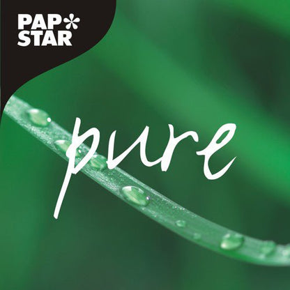 Close-up of a green blade of grass with water droplets, above which is the white lettering "pure". The logo of PAPSTAR GmbH is visible in the top left on black, highlighting ten rectangular "pure" transport and catering boxes as environmentally friendly.