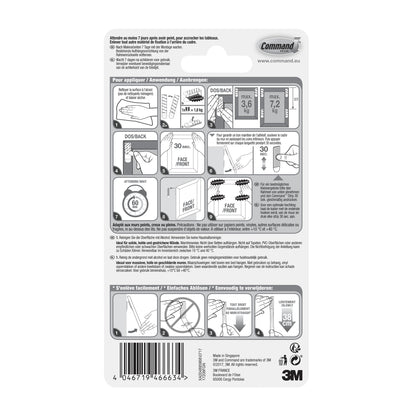 Auf der Rückseite der Command™ Bilder-Montage Strips L 17206, Weiße von 3M Deutschland GmbH finden Sie eine Schritt-für-Schritt-Anleitung zur Anwendung und Entfernung, mehrsprachige Informationen, einen Barcode, Produktdetails sowie die Logos von 3M und Command.