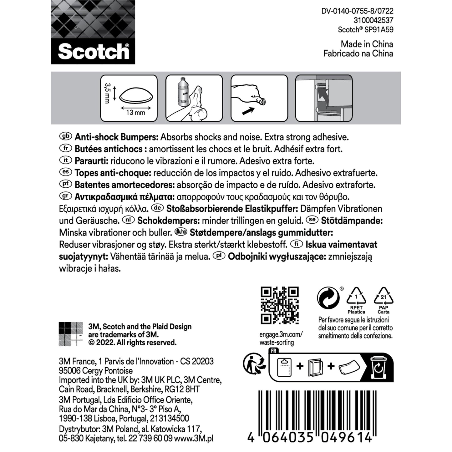 Das Etikett für Scotch® Stoßabsorbierende Elastikpuffer, selbsthaftend, transparent von 3M Deutschland GmbH enthält Anwendungshinweise, mehrsprachige Beschreibungen, Sicherheitshinweise, Barcode, Recyclingangaben und Herstellungsdaten in schwarz auf weiß.