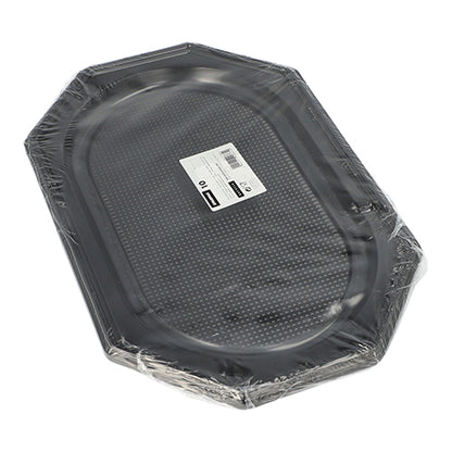 Die Starpak 10 Servierplatten, PET schwarz, sind schwarze achteckige Serviertabletts in durchsichtiger Plastikfolie mit weißem Etikett und Barcode – perfekt für Catering-Events.