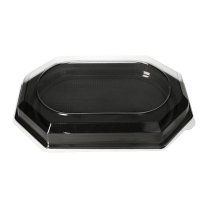 Die Starpak 10 Servierplatten, PET schwarz, sind eine achteckige schwarze Speiseschale mit einem durchsichtigen Deckel von Starpak – perfekt für Catering-Events und auf weißem Hintergrund abgebildet.