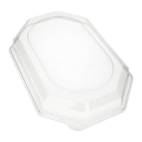 Le couvercle Starpak 10 pour plateaux de service, en PET transparent, est un couvercle ovale en plastique transparent doté d'un rebord surélevé, fabriqué par Starpak. Il est idéal pour conserver la fraîcheur des aliments dans des récipients adaptés et est présenté ici sur fond blanc.