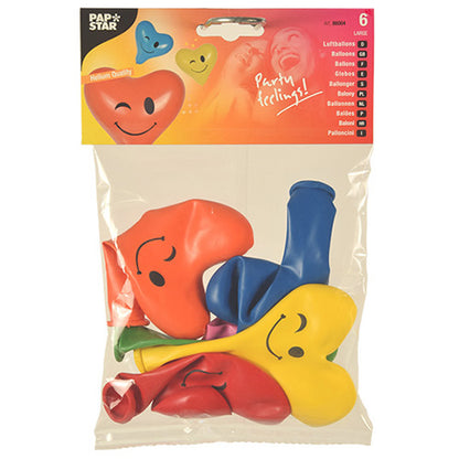 Un pack de 6 ballons PAPSTAR "Cœur - Blinky", Ø 28 cm, assortis en couleurs, de PAPSTAR GmbH. Chaque ballon en forme de cœur est imprimé avec un smiley. L'emballage montre des ballons gonflés et le slogan "Party feelings!".