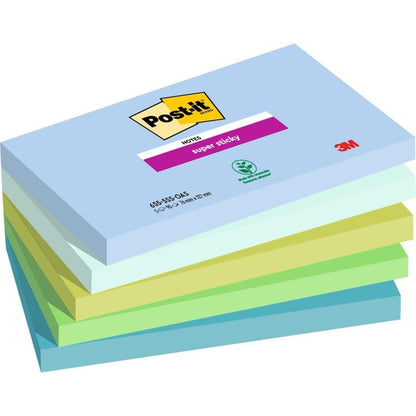 A stack of six Post-it® Super Sticky Notes, 76 mm x 127 mm, 90 sheets per block, from 3M Deutschland GmbH, made from 100% PEFC-certified paper in pastel colors like blue, green, and yellow.