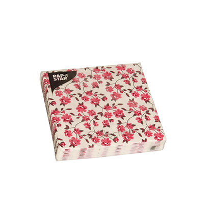 A pack of 20 PAPSTAR napkins, 25 x 25 cm, 3-ply, 1/4-fold from PAPSTAR GmbH in white with red-pink floral pattern, is delivered in transparent plastic with a black label – perfect for any table decoration.