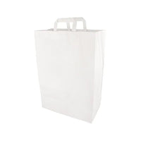 La PAPSTAR 50 sacs de transport de la PAPSTAR La GmbH propose des sacs en papier blancs munis de poignées, représentés debout sur un fond blanc : un choix écologique idéal pour vos achats.
