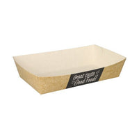 Le cornet à frites « pure » (3,5 x 7 cm) de la PAPSTAR GmbH est un barquette écologique rectangulaire, de couleur marron et blanche, aux bords biseautés, portant une étiquette noire « Good Food » sur fond blanc. Disponible en paquet de 50.
