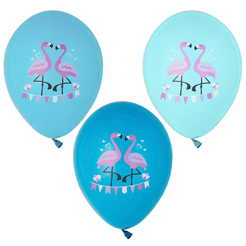 Das Set der PAPSTAR GmbH umfasst 6 farbig sortierte Luftballons (Ø 29 cm) mit jeweils zwei rosa Flamingos mit Herzen, Blumen und einer Wimpelkette.