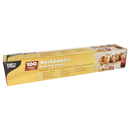 A rectangular box of baking paper 38 cm wide, brown, from PAPSTAR GmbH in a folding box features a non-stick surface and environmentally friendly packaging with product information and images of baked goods.