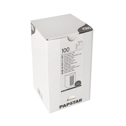 In a white rectangular box with the inscription "PAPSTAR" are 100 2-ply napkins "PUNTO" (20x20 cm, 1/4 fold) of PAPSTAR GmbH, printed on the side with product details and a napkin illustration, photographed against a white background.
