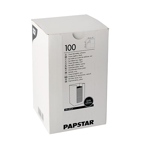 A white box with the inscription "PAPSTAR 100 napkins, 2-ply 'PUNTO' 1/4-fold 20 cm x 20 cm" of PAPSTAR GmbH contains tissue napkins with product information, a PUNTO design logo, and an opening diagram printed on the box.