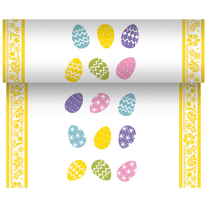 The PAPSTAR table runner, fabric-like Airlaid (24 m x 40 cm) from PAPSTAR GmbH features a white base with a yellow floral border and colorful Easter eggs - ideal for elegant table decoration at festive occasions.