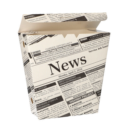Die PAPSTAR 50 Pommes-Frites-Schütte aus Pappe (4,3 x 14,5 x 11 cm) bietet eine umweltfreundliche Lösung mit „Newsprint“-Design, Klappdeckel und Aufdrucken wie „News“, Jobanzeigen und dem Datum Montag, 2. April 2018 auf der Vorderseite.
