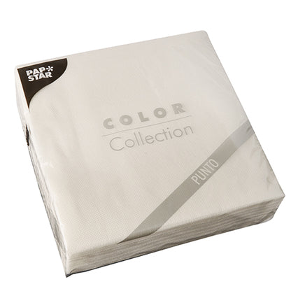 Eine versiegelte Packung mit 30 weißen 2-lagigen Servietten „PUNTO“ (38x38 cm, 1/4 Falz) der PAPSTAR GmbH mit dezentem Punktemuster – ideal für die elegante Tischdekoration.