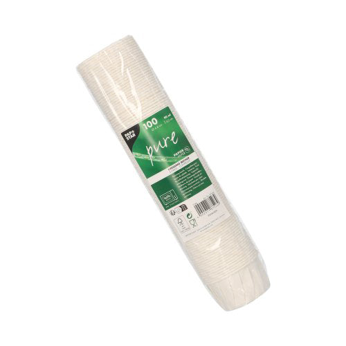 PAPSTAR 100 Dressingbecher „pure“ aus Papier, rund, weiß, 90 ml (Ø 6,6 cm; H 4,2 cm), hygienisch in Folie verpackt und gestapelt. Umweltfreundlich durch nachhaltiges Material und grünes Label mit entsprechenden Symbolen.