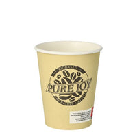 The PAPSTAR 20 drinking cups (cardboard, 0.2 L, Ø 8 cm) from the PAPSTAR GmbH is a beige eco-cup featuring “PURE JOY,” a black coffee bean graphic, “BIOBASED FOR NATURE AND YOU,” and a small white-and-red label on the bottom.