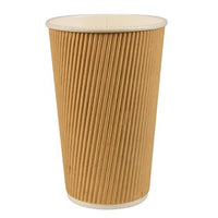 Ein PAPSTAR GmbH Ripple Wall Papp-Trinkbecher (Ø 9 cm, 13,7 cm hoch) mit brauner, gerippter Außenseite und weißem Rand/Innenraum steht aufrecht vor weißem Hintergrund.