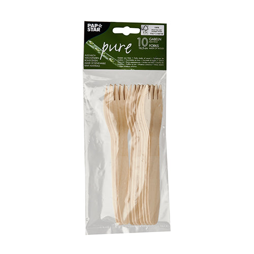 In una confezione di plastica trasparente ci sono dieci PAPSTAR 10 forchette, legno „pure“ della PAPSTAR GmbH in legno sostenibile. L'etichetta verde-bianca mostra il marchio e il nome del prodotto; tutte le forchette sono ordinatamente impilate.