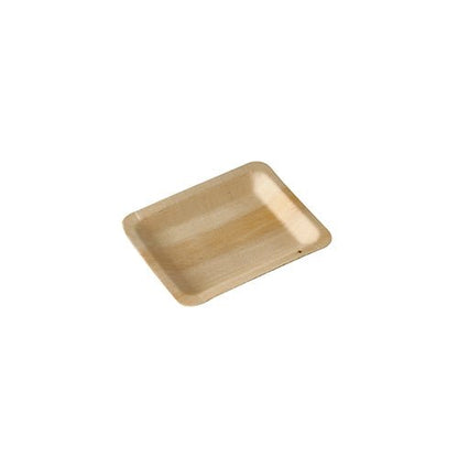 Ein kleiner, rechteckiger PAPSTAR 50 Fingerfood-Teller aus Holz „pure“ von PAPSTAR GmbH, flach mit abgerundeten Ecken aus umweltfreundlichem Material, auf hellem Hintergrund schräg betrachtet.