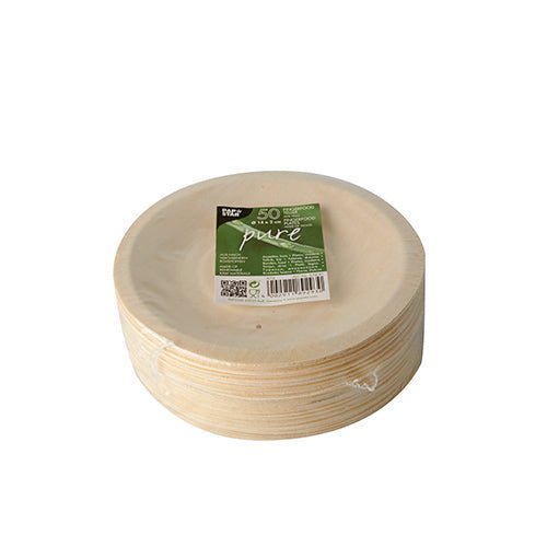 Ein Stapel PAPSTAR 50 Fingerfood-Teller Holz „pure“ von der PAPSTAR GmbH, verpackt in Plastik mit grün-weißem Etikett mit Produktinfo und Barcode – perfekt für umweltfreundliche und nachhaltige Präsentationen.