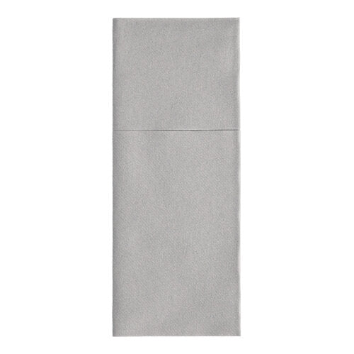 Die Starpak 100 Bestecktaschen-Serviette aus glattem, schmucklosem Airlaid-Material (40 x 48 cm) ist sauber der Länge nach gefaltet und verfügt über eine vertikale Falte für Besteck. Sie präsentiert sich in schlichtem Hellgrau.