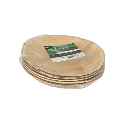 Ein Stapel runder PAPSTAR 6 Teller Palmblatt „pure“ der PAPSTAR GmbH, hellbraun in natürlicher Holzoptik, verpackt in einer Kunststoffverpackung mit Produktetikett – ideal als umweltfreundliches Geschirr für jeden Anlass.