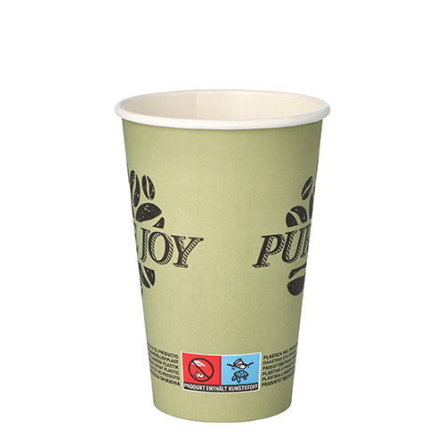 A light green PAPSTAR 50 paper cup made of sturdy cardboard (0.3 l) from PAPSTAR GmbH with coffee bean graphics, small symbols, and text at the bottom edge stands upright against a white background.