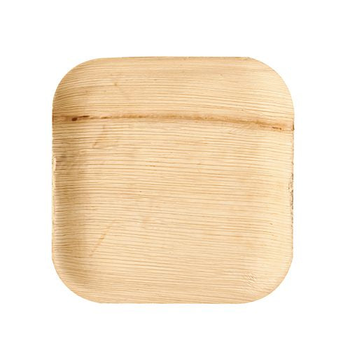Der PAPSTAR Teller aus Palmblatt "pure", eckig (18x18 cm), umweltfreundlich, von PAPSTAR GmbH, zeigt sich mit sichtbarer Maserung und abgerundeten Ecken auf weißem Hintergrund; 25 Stück im Karton.