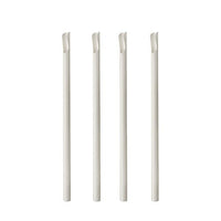 Four white ones PAPSTAR Paper drinking straws with spoon attachments (20 cm, Ø 8 mm, 100 pieces) are standing upright in a row against a white background; each straw has a slanted cut at the tip.