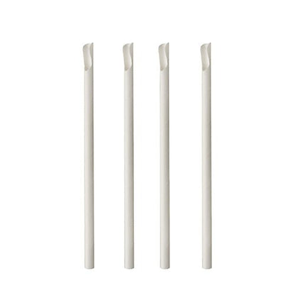 Four white PAPSTAR straws with spoon attachment made of paper (20 cm, Ø 8 mm, 100 pieces) stand upright in a row against a white background; each straw has a slanted cut at the tip.