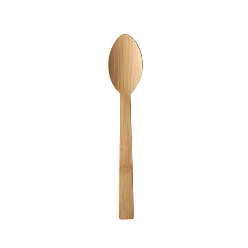 La cuillère en bambou "pure" (17 cm) de PAPSTAR GmbH est un ustensile de cuisine écologique et stable, biodégradable, livré dans une boîte pliante de 50 pièces. Photo : tête ronde et manche droit sur fond blanc.