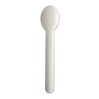 The PAPSTAR GmbH "pure" paper spoons, 15.5 cm, white, in a 100-count folding box, are eco-friendly disposable spoons with a flat handle and a rounded bowl—ideal for environmentally conscious users.