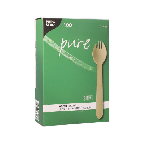 Una scatola verde della PAPSTAR GmbH con la scritta "pure" contiene 100 Göffel in legno ecologici (16 cm) in un vassoio di cartone, con marchio multilingue e informazioni sul prodotto, offrendo un'alternativa sostenibile agli utensili tradizionali.