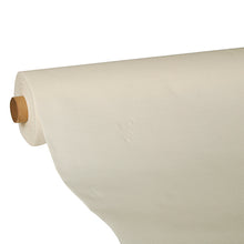 A PAPSTAR tablecloth "ROYAL Collection" champagne (25 m x 1.18 m) from PAPSTAR GmbH is partially unrolled from its brown cardboard sleeve to show its cream-colored texture against a plain background.