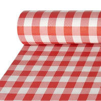 Un ruolo PAPSTAR Tovagliolo di carta GmbH rosso con goffratura damascata, motivo a quadretti Vichy (1 rotolo), parzialmente srotolato, è l’ideale per conferire un classico fascino rosso e bianco a qualsiasi tavola imbandita.